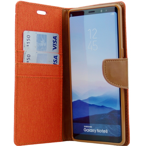 TopSave Goospery CANVAS Card Slot w/Magnetic Clip Denim Cloth Folio Wallet Flip For Samsung Galaxy Note 8, Orange