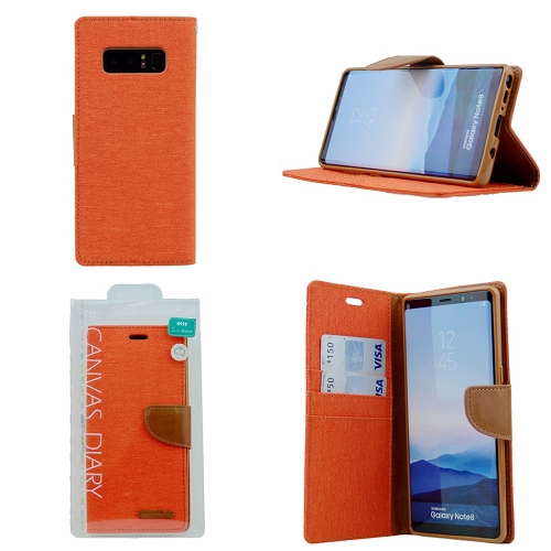 TopSave Goospery CANVAS Card Slot w/Magnetic Clip Denim Cloth Folio Wallet Flip For Samsung Galaxy Note 8, Orange