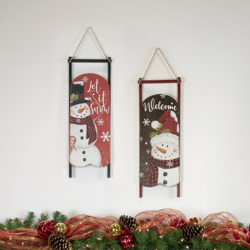 21.75" LED Lighted 'Welcome' Snowman Sled Christmas Wall Sign