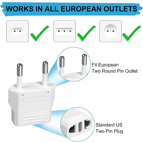 Lot de 6 adaptateurs américains/CA vers européens - Prise d'alimentation universelle - Prise murale - Convertisseur d'entrée USA/Canada vers Europe -