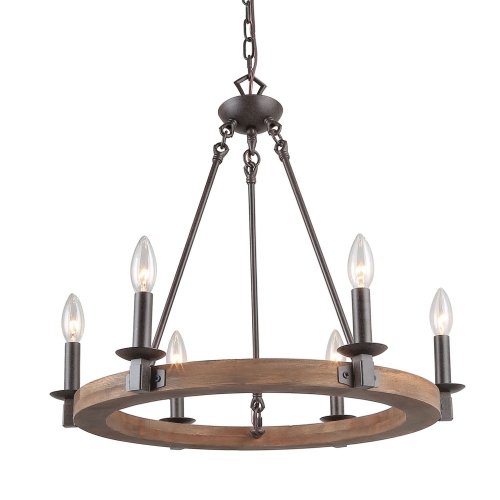 Rustic 6-Light Farmhouse Wagon Wheel Chandelier with Wood Accent