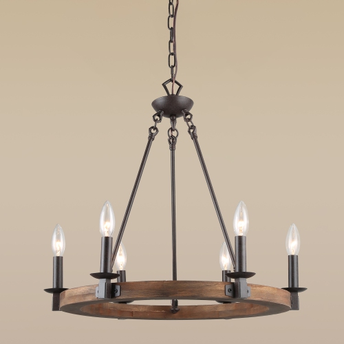 Rustic 6-Light Farmhouse Wagon Wheel Chandelier with Wood Accent
