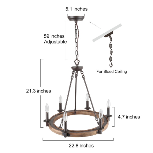 Rustic 6-Light Farmhouse Wagon Wheel Chandelier with Wood Accent