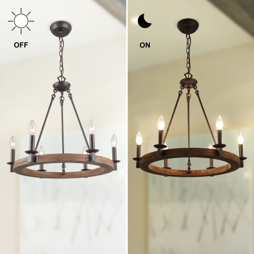Rustic 6-Light Farmhouse Wagon Wheel Chandelier with Wood Accent
