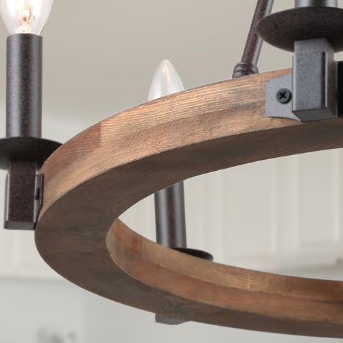 Rustic 6-Light Farmhouse Wagon Wheel Chandelier with Wood Accent