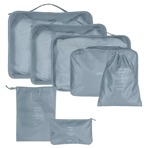 6 cubes d'emballage de voyage pliables, faciles à ranger, durables, imperméables, avec boucle et filet, 3 tailles différentes - Gris