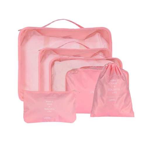 6 pcs Cubes d'emballage de voyage pliables et faciles à ranger avec boucle et maille 3 tailles différentes - Rose