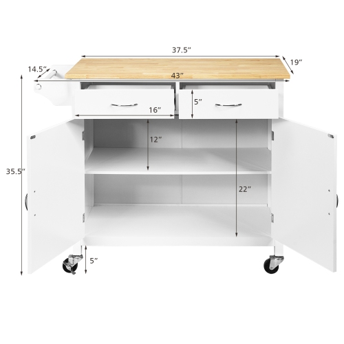 Îlot de cuisine à roulettes moderne avec dessus en bois blanc