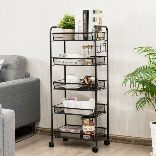 5 Tier Mesh Rolling File Utility Cart Storage Basket-Black
