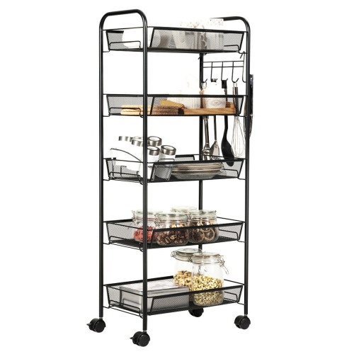 5 Tier Mesh Rolling File Utility Cart Storage Basket-Black