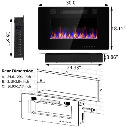 30-Inch Recessed Ultra Thin Electric Fireplace Heater with Glass Appearance