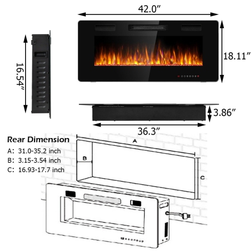 42 Inch Recessed Ultra Thin Wall Mounted Electric Fireplace