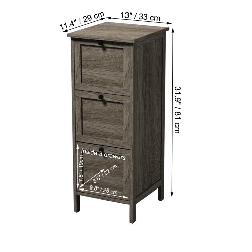 ITY Meuble de Rangement 3 Tiroirs en MDF 13" x 11.4" x 31.9" Gris Bois