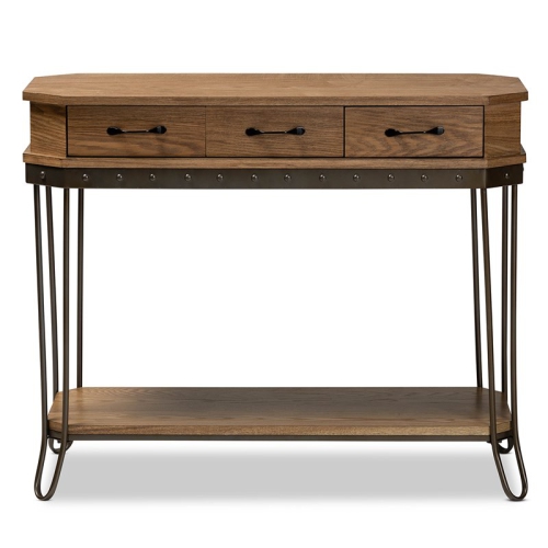 Baxton studio Brown Wood and Black Finished Metal 3-Drawer Console Table