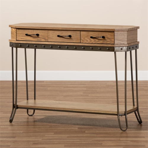 Baxton studio Brown Wood and Black Finished Metal 3-Drawer Console Table