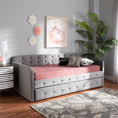 Baxton Studio Jona Gray Velvet Upholstered Twin Size Daybed with Trundle