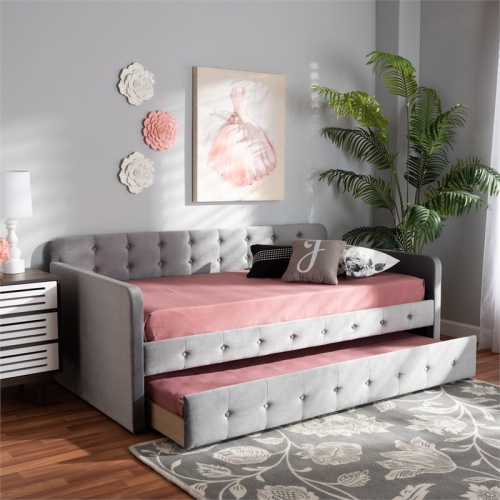 Baxton Studio Jona Gray Velvet Upholstered Twin Size Daybed with Trundle