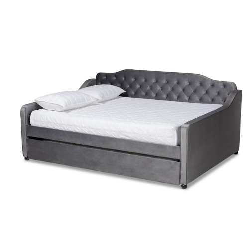 BAXTON STUDIO  Freda Gray Velvet Button Tufted Full Size Wood Daybed With Trundle