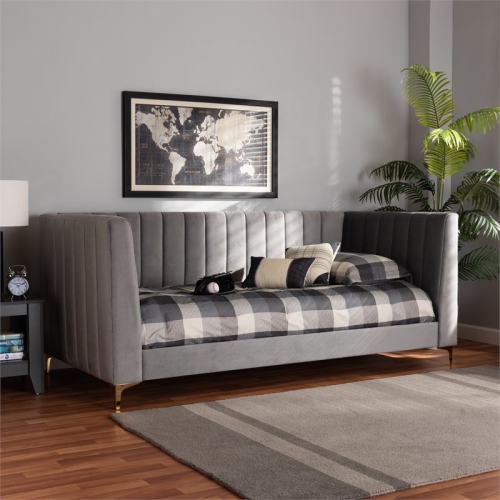 Baxton Studio Oksana Grey Velvet Upholstered and Gold Finished Twin Size Daybed