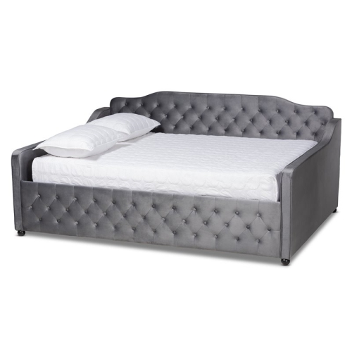 BAXTON STUDIO  Freda Velvet And Button Tufted Queen Size Wood Daybed In Gray