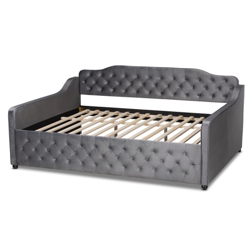 Baxton Studio Freda Gray Velvet and Button Tufted Queen Size Wood Daybed