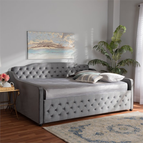 Baxton Studio Freda Gray Velvet and Button Tufted Queen Size Wood Daybed
