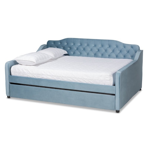 BAXTON STUDIO  Freda Velvet Tufted Full Size Wood Daybed With Trundle In Light Blue