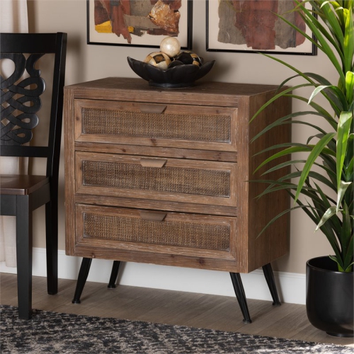 Baxton Studio Calida Brown Finished Wood and Rattan 3-Drawer Storage Cabinet