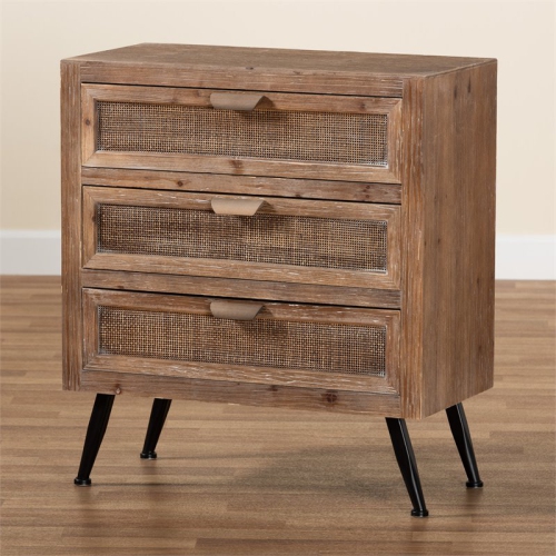 Baxton Studio Calida Brown Finished Wood and Rattan 3-Drawer Storage Cabinet