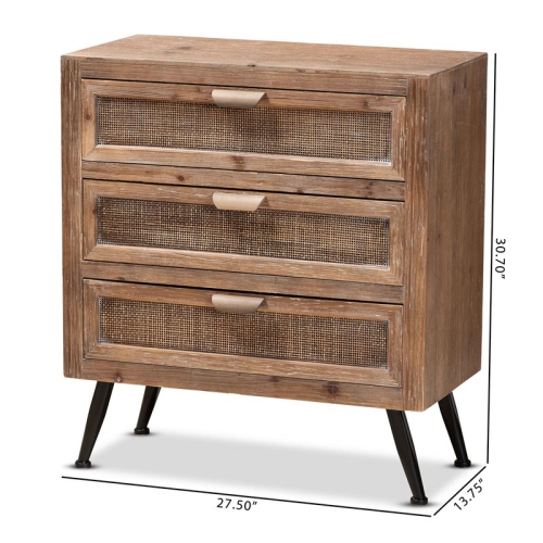 Baxton Studio Calida Brown Finished Wood and Rattan 3-Drawer Storage Cabinet