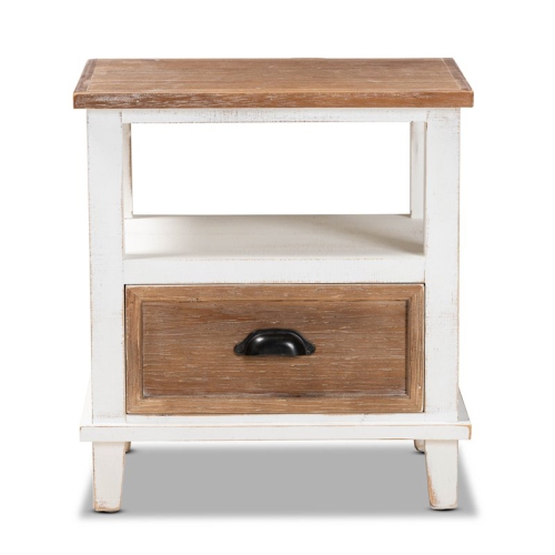 Baxton Studio Glynn Two-Tone White and Oak Brown Wood 1-Drawer End Table