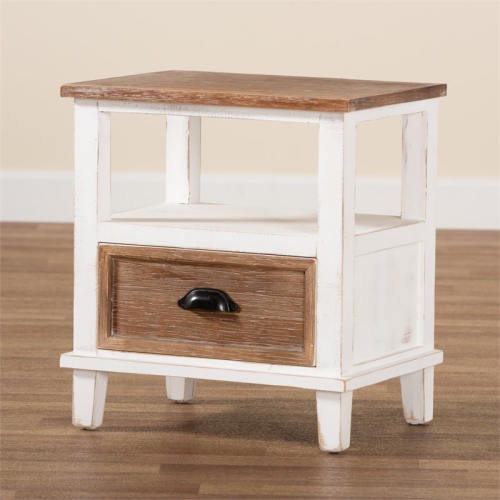 Baxton Studio Glynn Two-Tone White and Oak Brown Wood 1-Drawer End Table