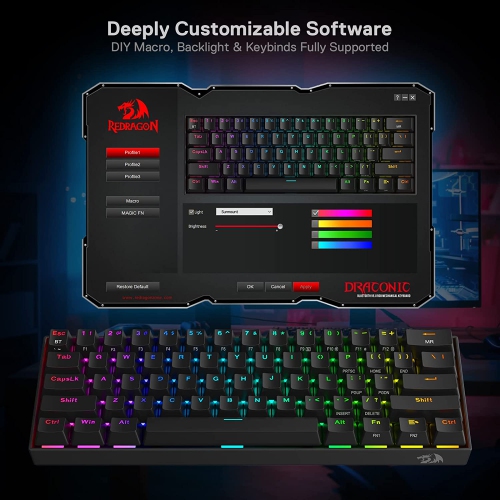 Redragon K530 Pro Draconic 60% Wireless RGB Mechanical Keyboard, Bluetooth/2.4Ghz/Wired 3-Mode 61 Keys Compact Gaming Keyboard w/100% Hot-Swap