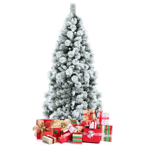 TOPBUY  5Ft Hinged Slim Artificial Xmas Tree, Snow-Flocked Pencil Christmas Tree W/ 470 Branch Tips