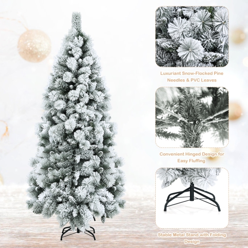 Topbuy 5FT Hinged Slim Artificial Xmas Tree, Snow-Flocked Pencil Christmas Tree W/ 470 Branch Tips