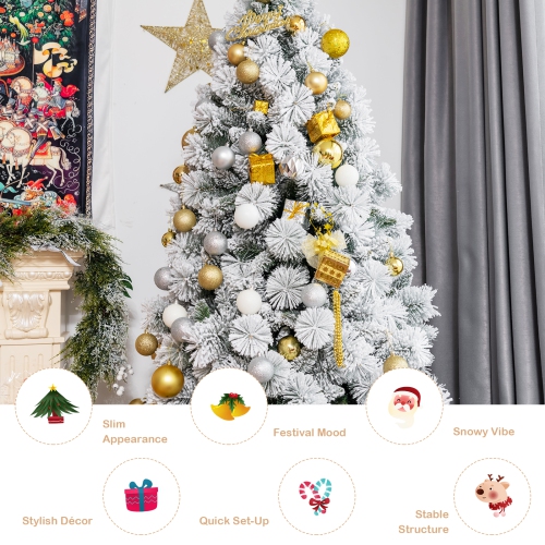 Topbuy 5FT Hinged Slim Artificial Xmas Tree, Snow-Flocked Pencil Christmas Tree W/ 470 Branch Tips