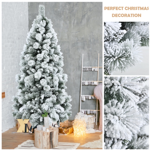 Topbuy 5FT Hinged Slim Artificial Xmas Tree, Snow-Flocked Pencil Christmas Tree W/ 470 Branch Tips