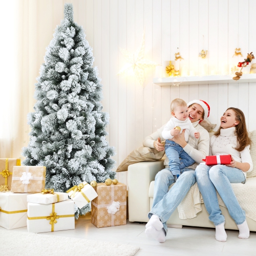 Topbuy 5FT Hinged Slim Artificial Xmas Tree, Snow-Flocked Pencil Christmas Tree W/ 470 Branch Tips