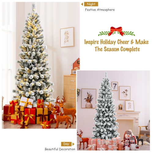 Happygrill 8FT Pre-lit Snow Flocked Christmas Pine Tree, Hinged Artificial Xmas Tree W/ 350 Remote-controlled Multi-Color Lights