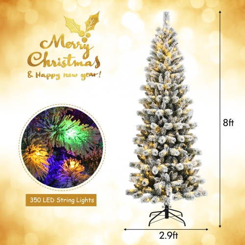 Happygrill 8FT Pre-lit Snow Flocked Christmas Pine Tree, Hinged Artificial Xmas Tree W/ 350 Remote-controlled Multi-Color Lights