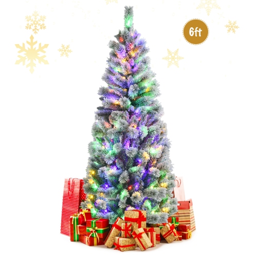 TOPBUY  Happygrill 8Ft Pre-Lit Snow Flocked Christmas Pine Tree, Hinged Artificial Xmas Tree W/ 350 Remote-Controlled Multi-Color Lights