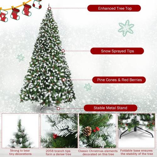 Topbuy 6ft Pre-lit Snowy Christmas Tree Pre-strung Xmas Decoration Tree w/ 250 Warm White LED Lights & 818 PVC Tips