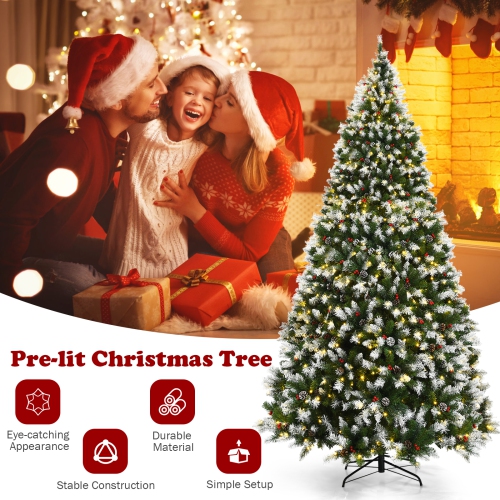 Topbuy 6ft Pre-lit Snowy Christmas Tree Pre-strung Xmas Decoration Tree w/ 250 Warm White LED Lights & 818 PVC Tips