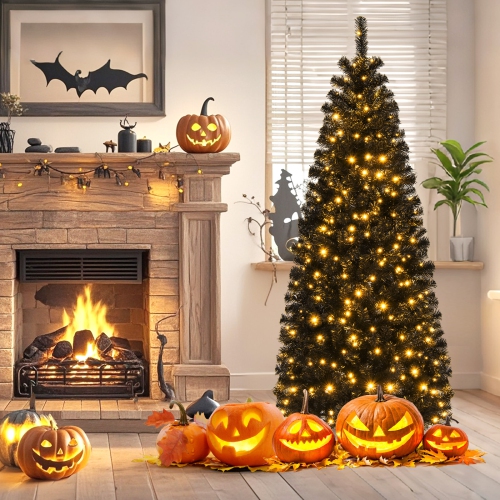 Happygrill 6ft Pre-lit Christmas Halloween Tree Hinged Artificial Pencil Tree w/ 618 PVC Branch Tips & 300 Warm White Lights