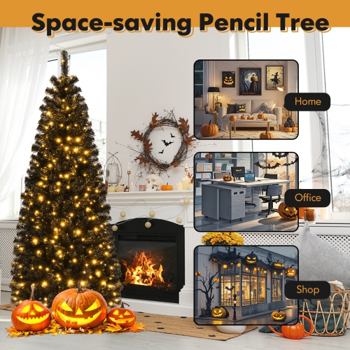 Happygrill 6ft Pre-lit Christmas Halloween Tree Hinged Artificial Pencil Tree w/ 618 PVC Branch Tips & 300 Warm White Lights