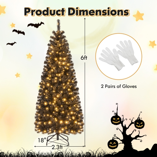 Happygrill 6ft Pre-lit Christmas Halloween Tree Hinged Artificial Pencil Tree w/ 618 PVC Branch Tips & 300 Warm White Lights