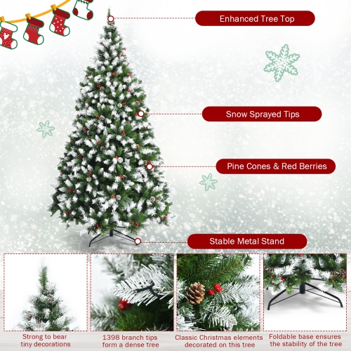 Topbuy 6ft Pre-lit Snowy Christmas Tree Pre-strung Xmas Decoration Tree w/ 250 Warm White LED Lights & 818 PVC Tips
