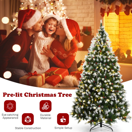 Topbuy 6ft Pre-lit Snowy Christmas Tree Pre-strung Xmas Decoration Tree w/ 250 Warm White LED Lights & 818 PVC Tips