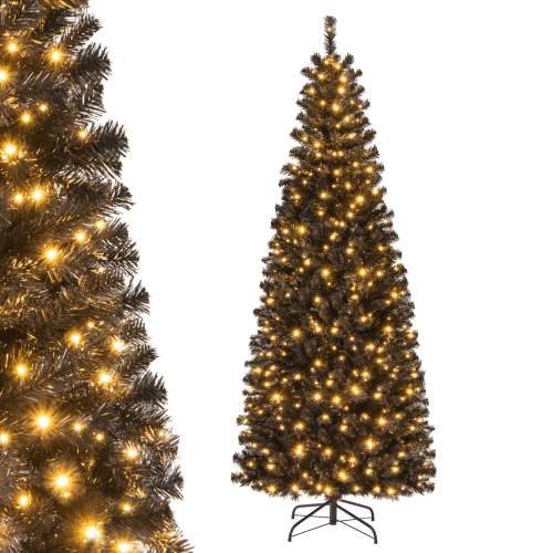 Happygrill 6ft Pre-lit Christmas Halloween Tree Hinged Artificial Pencil Tree w/ 618 PVC Branch Tips & 300 Warm White Lights