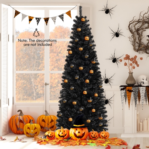 Happygrill 6ft Pre-lit Christmas Halloween Tree Hinged Artificial Pencil Tree w/ 618 PVC Branch Tips & 300 Warm White Lights